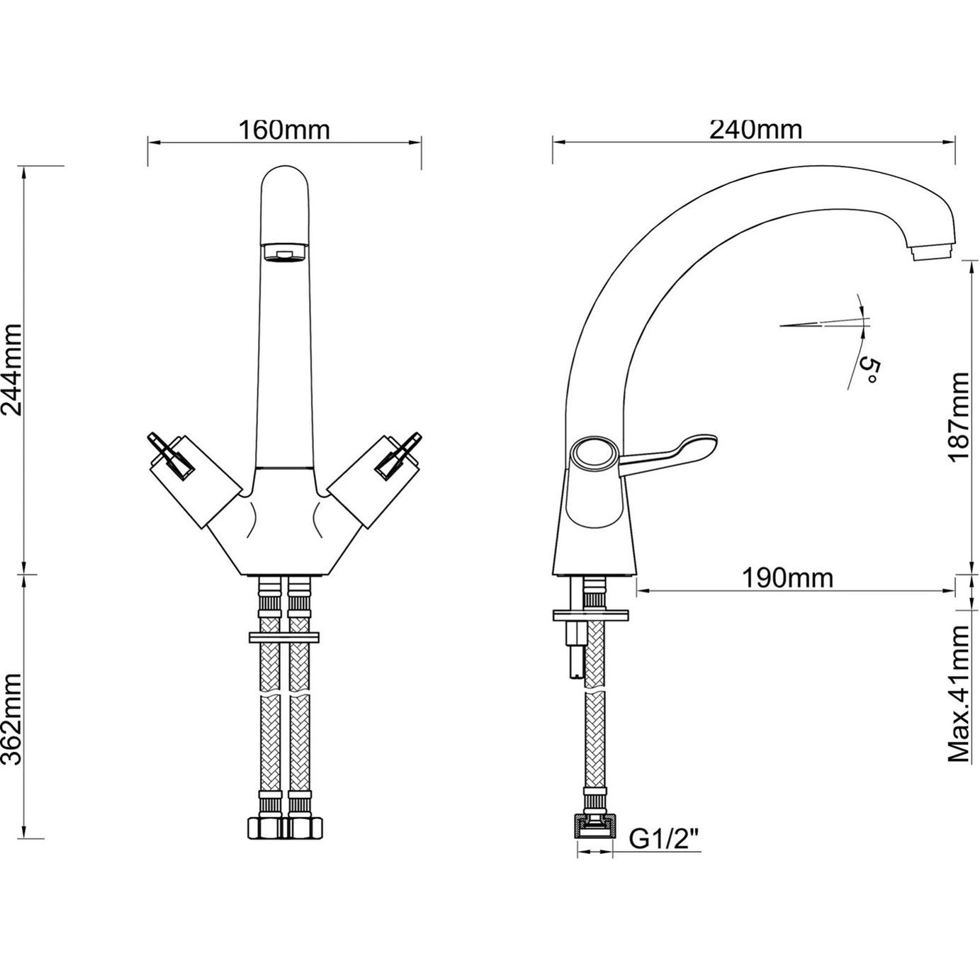 Kitchen Sink Tap Monobloc Mixer Chrome Double Lever 1/4 Turn Brass Modern Faucet - Image 5