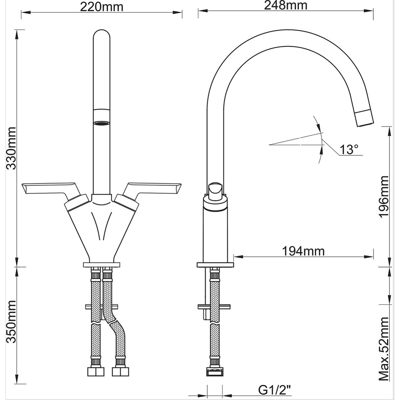 Kitchen Tap Monobloc Mixer Chrome Dual Lever Brass Swivel Spout Modern Faucet - Image 5