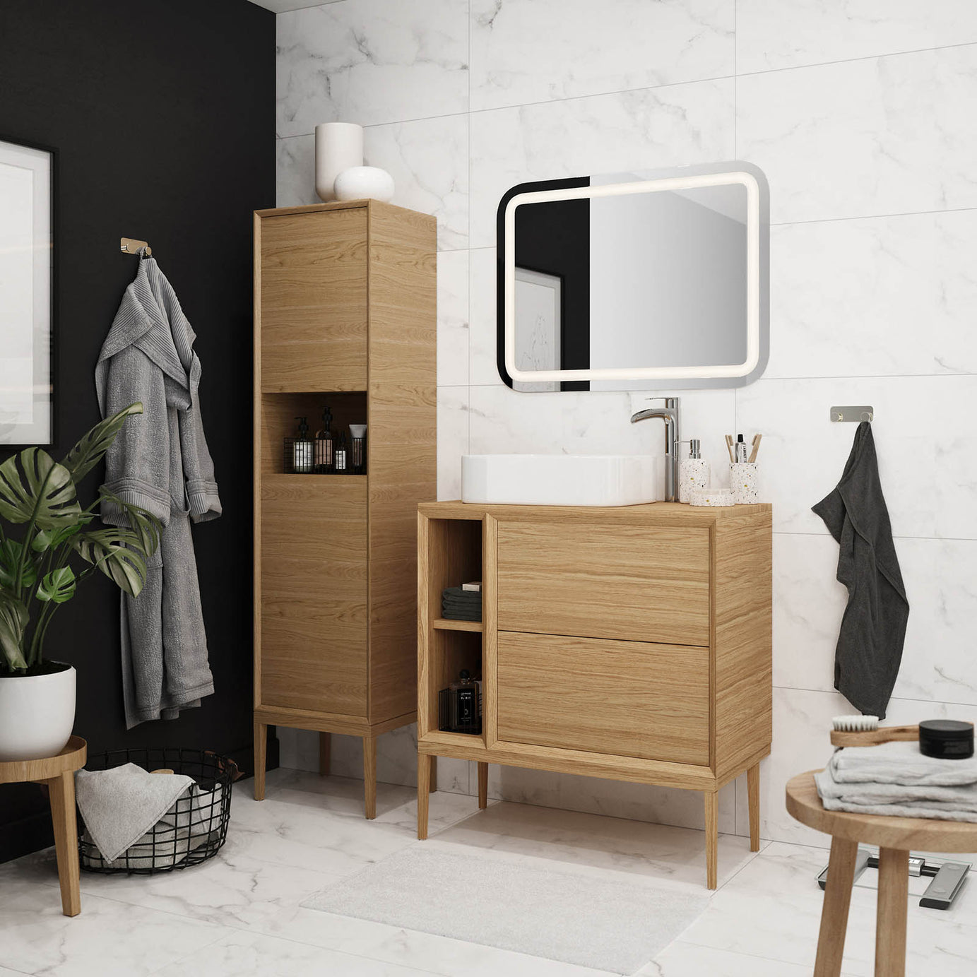 Bathroom Single Cabinet Avela Tall Matt Oak Effect Storage Cupboard H170xW40cm - Image 3