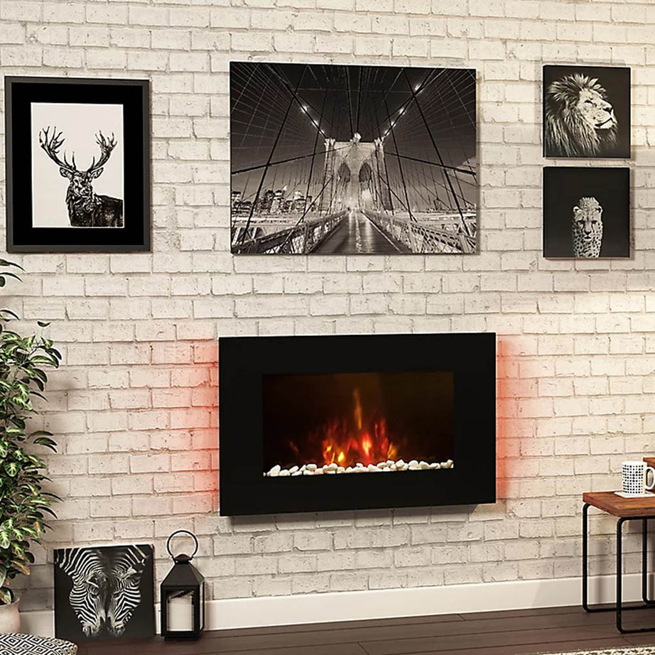 Electric Fireplace 2kW Wall Mounted Timer Flat Black Glass Heater Remote Control - Image 2