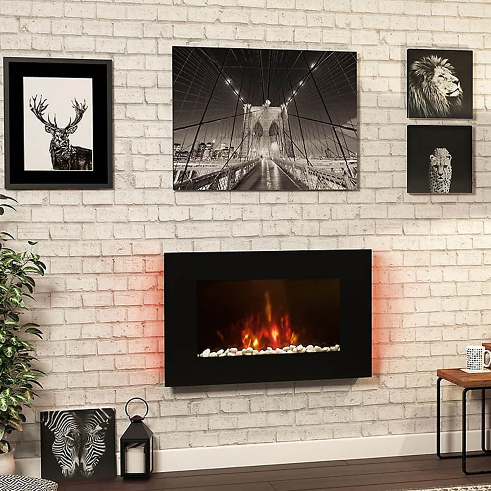 Electric Fireplace 2kW Wall Mounted Timer Flat Black Glass Heater Remote Control - Image 2