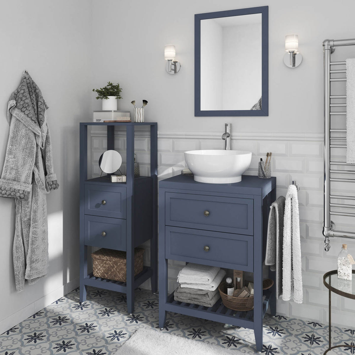 Bathroom Vanity Unit Satin Blue Freestanding 2 Drawers Cabinet Shelve Storage - Image 4