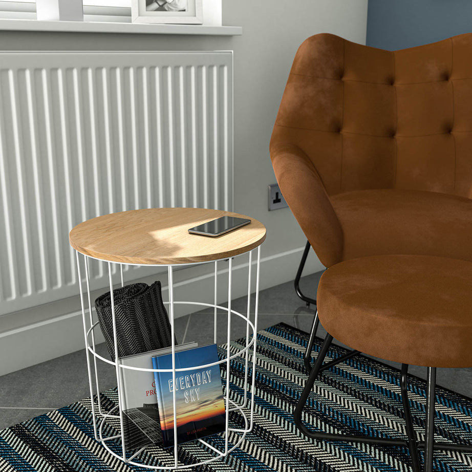 Side Table Round Ash Veneer White Sofa End With Storage Compact Living Room - Image 1
