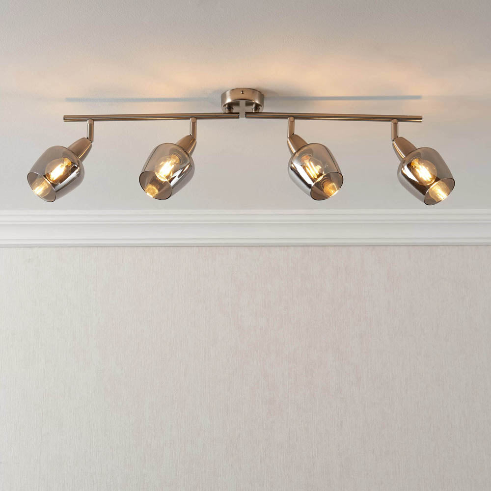 Ceiling Light Bar 4 Way Modern Satin Nickel Effect Dimmable Smoked Glass - Image 1