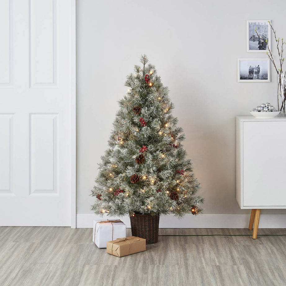 Christmas Tree 4ft Artificial Flocked Pre-lit LED Warm White Berry Pine Cone - Image 1
