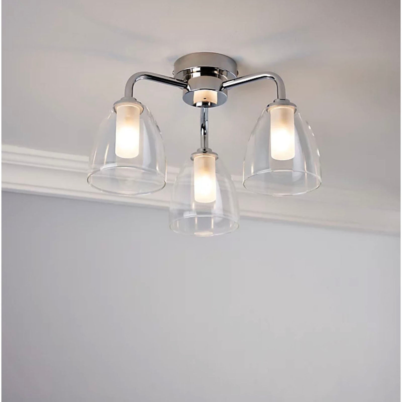 Bathroom Ceiling Light 3 Way Chrome Effect Clear Bell Glass Shades Modern 54W - Image 1