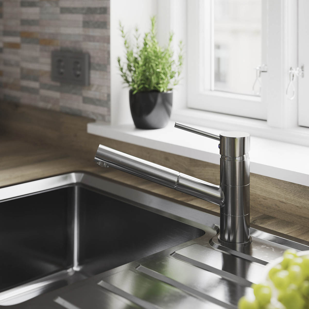 Kitchen Pull-Out Mixer Tap Brass Stainless Steel Effect Single Lever Modern - Image 3