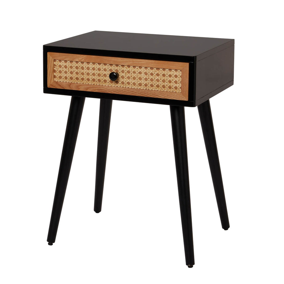 Bedside Table 1 Drawer MDF Matt Black Rattan Effect (H)580mm (W)450mm (D)450mm - Image 1
