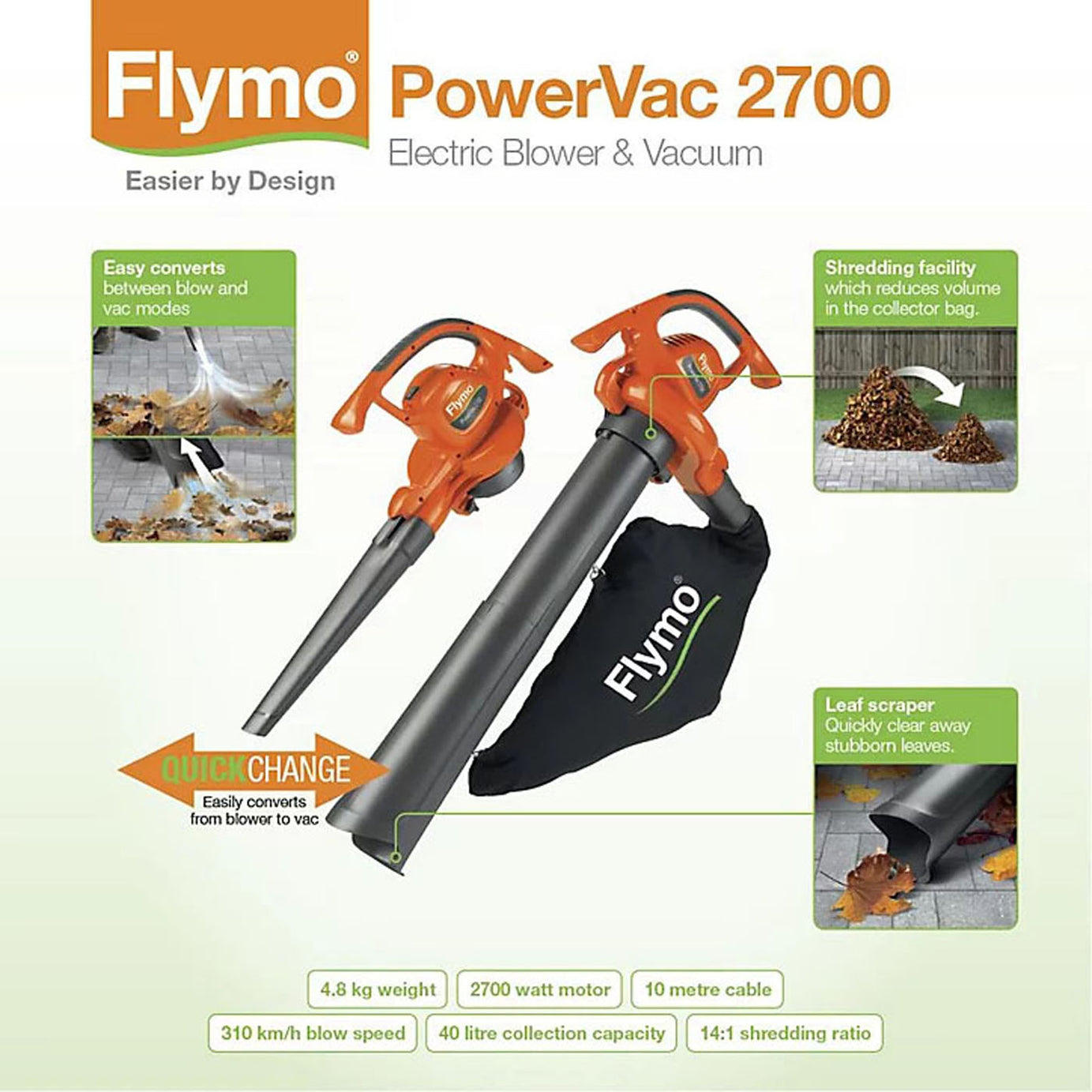 Flymo Garden Leaf Blower Vacuum PowerVac Shredder Corded Electric Powerful 2700W - Image 3