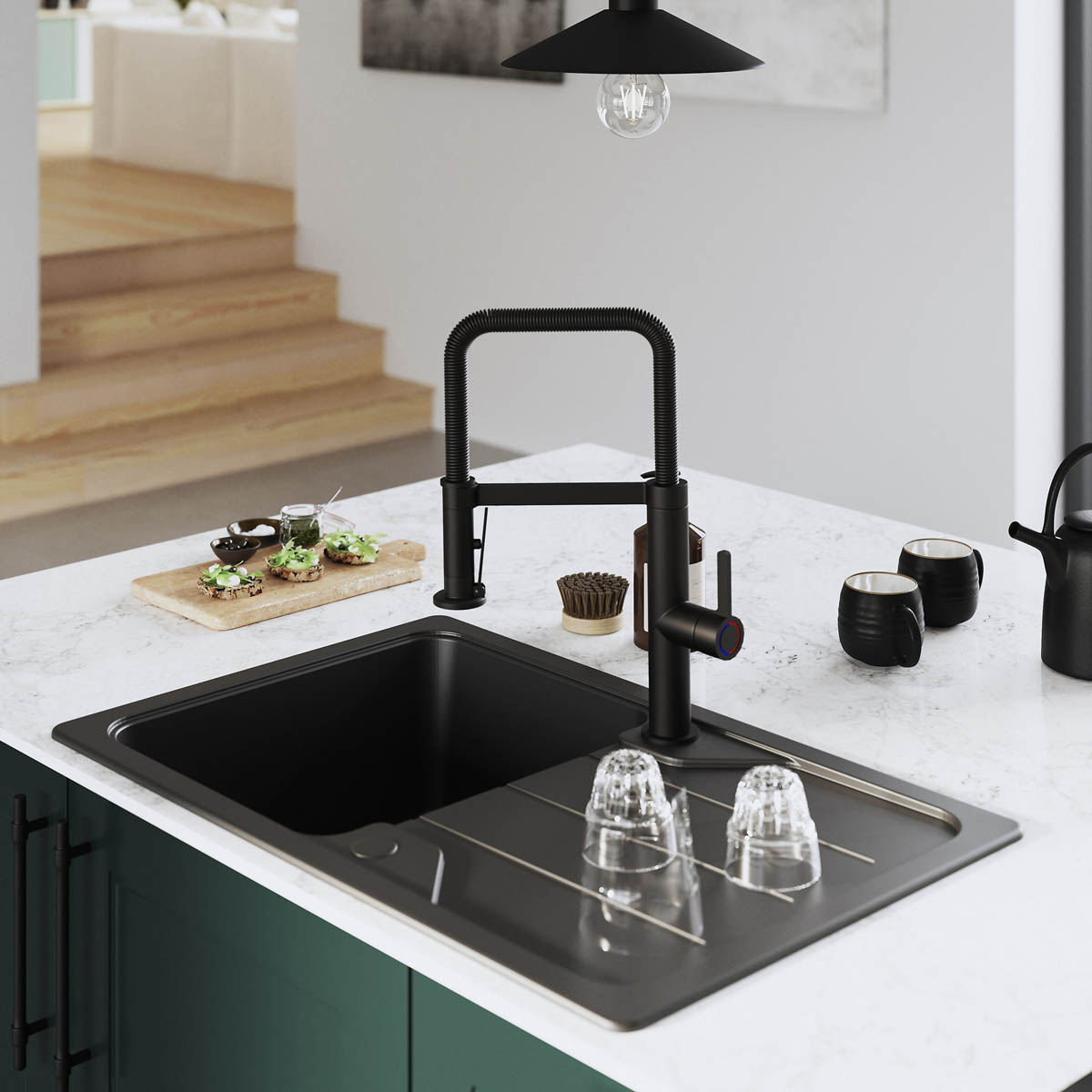 Kitchen Sink Tap Mixer Graphite Single Lever Spring Neck Swivel Spout Faucet - Image 3