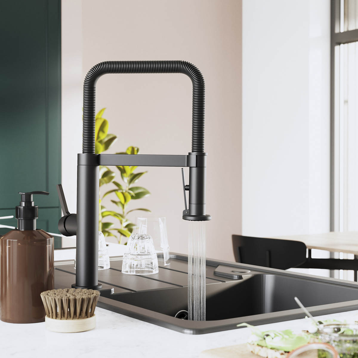 Kitchen Sink Tap Mixer Graphite Single Lever Spring Neck Swivel Spout Faucet - Image 5