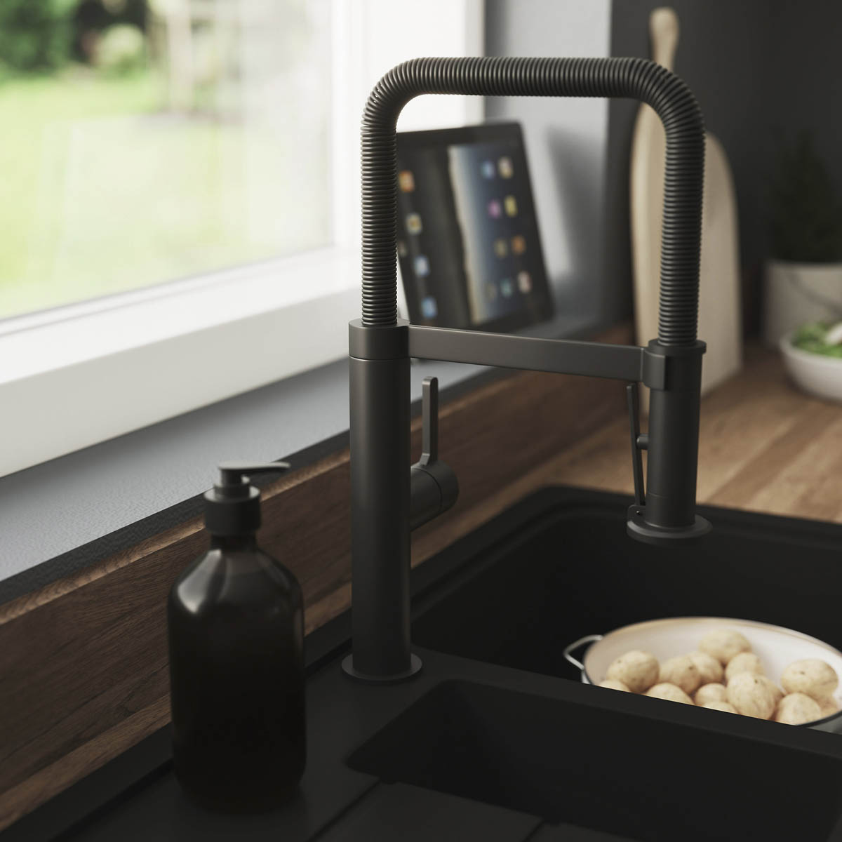 Kitchen Sink Tap Mixer Graphite Single Lever Spring Neck Swivel Spout Faucet - Image 7