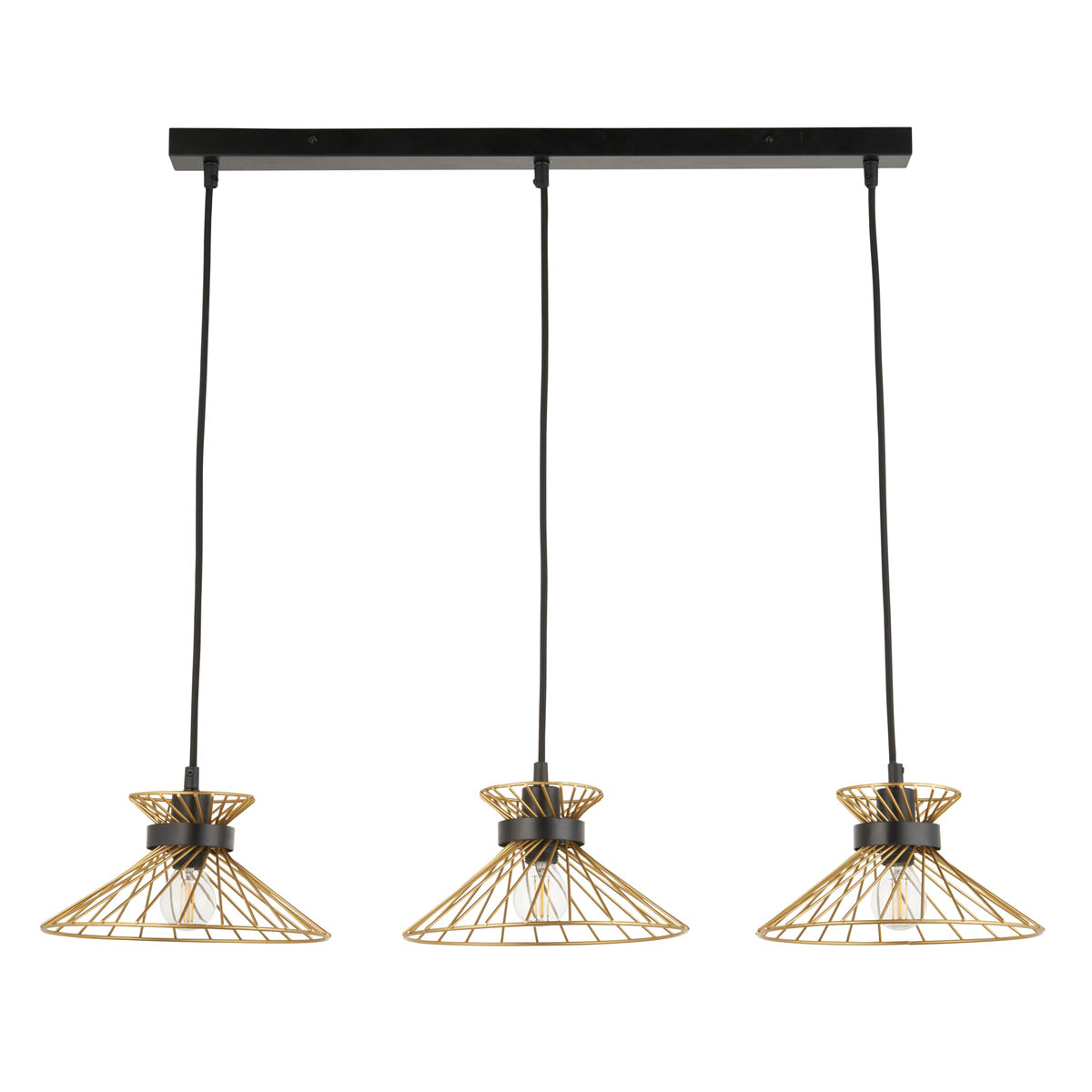 LED Pendant Ceiling Light 3 Way Black Gold Effect Wire Frame Shades (Dia)770mm - Image 2