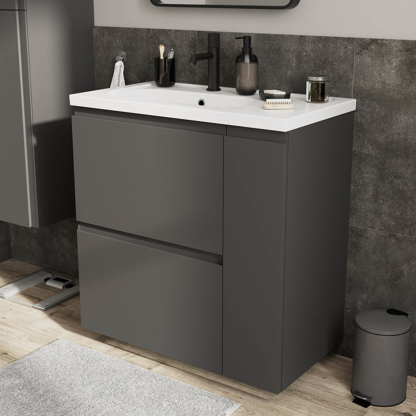 Bathroom Cabinet Levanna Matt Grey Freestanding Vanity Unit Storage Furniture - Image 5
