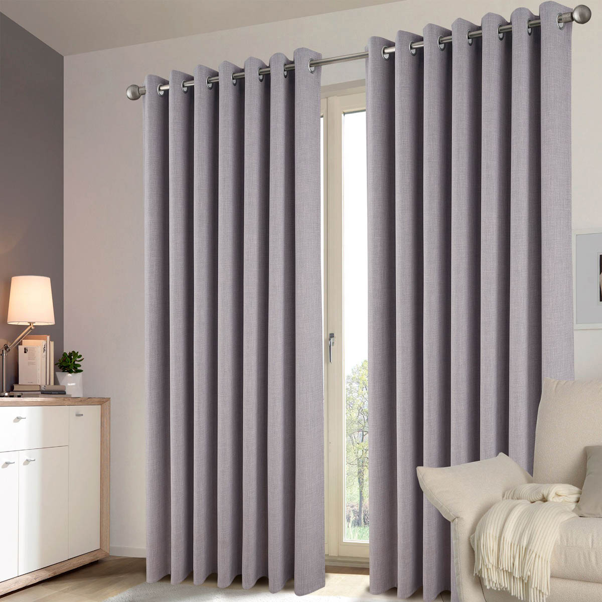Eyelet Curtains Light Grey Plain Blackout Ready Made Ring Top Pair W228xL228cm - Image 1