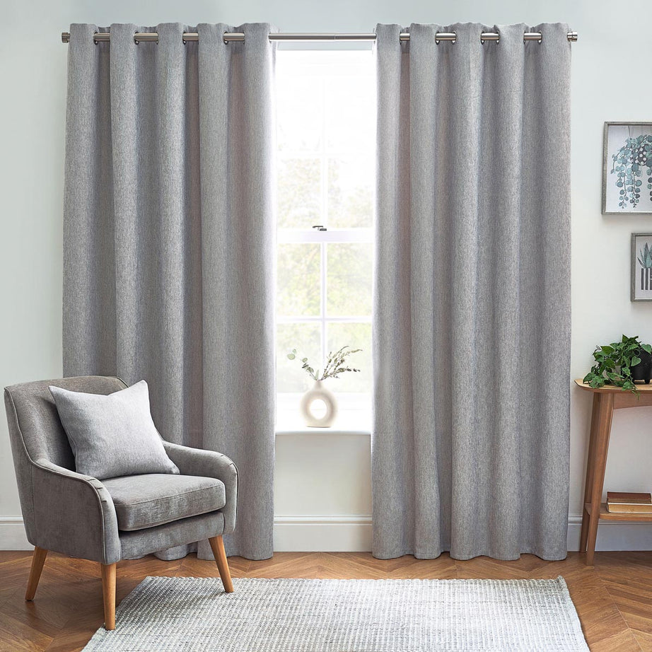 Eyelet Curtains Pair Grey Woven Effect Lined Heavyweight (W)167 (L)183cm - Image 1