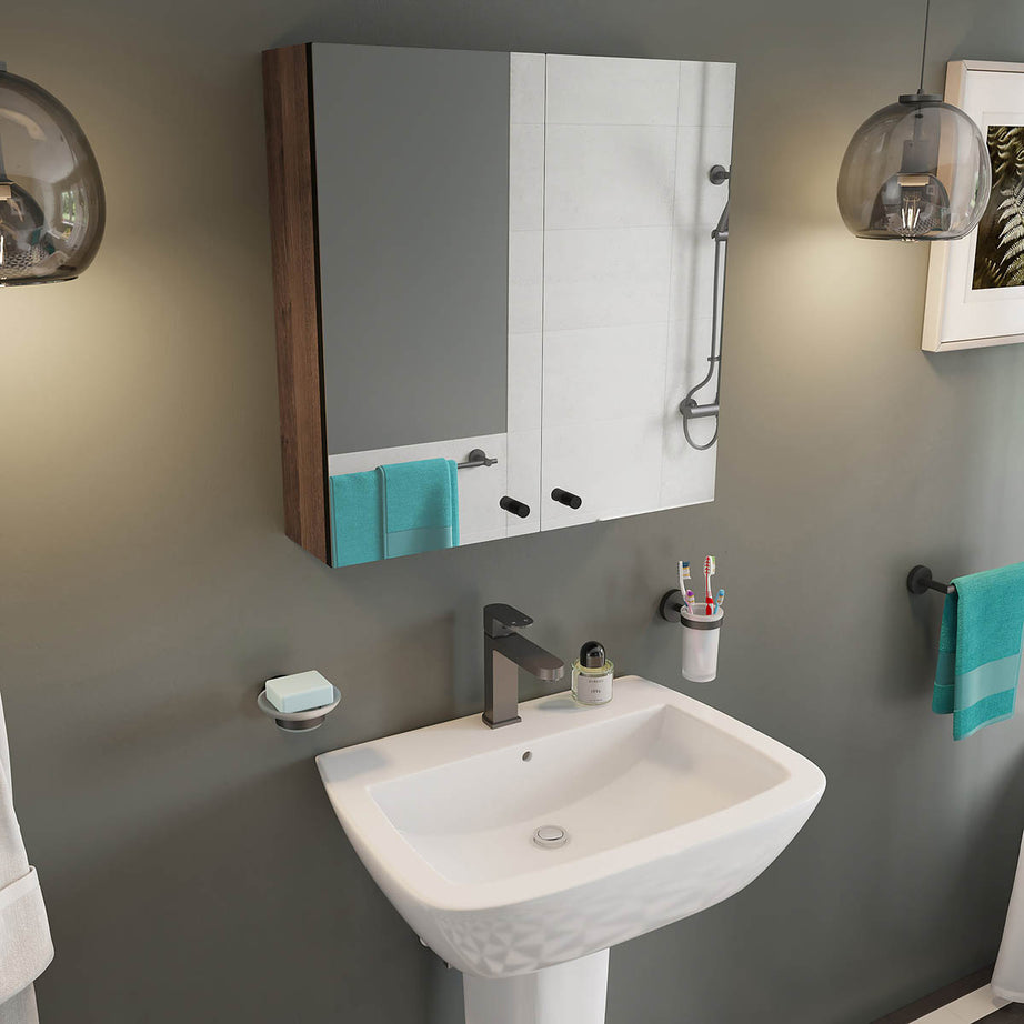 Mirrored Bathroom Cabinets Wall Mounted  Double Door Matt Brown 60x60x18 - Image 7