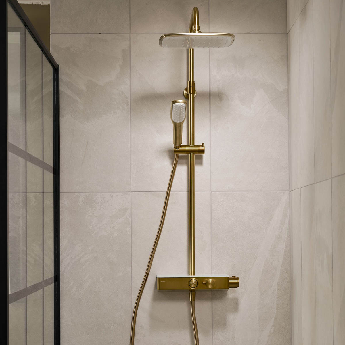 Triton Mixer Shower Matt Gold Effect Twin Head Push Button Thermostat Control - Image 2