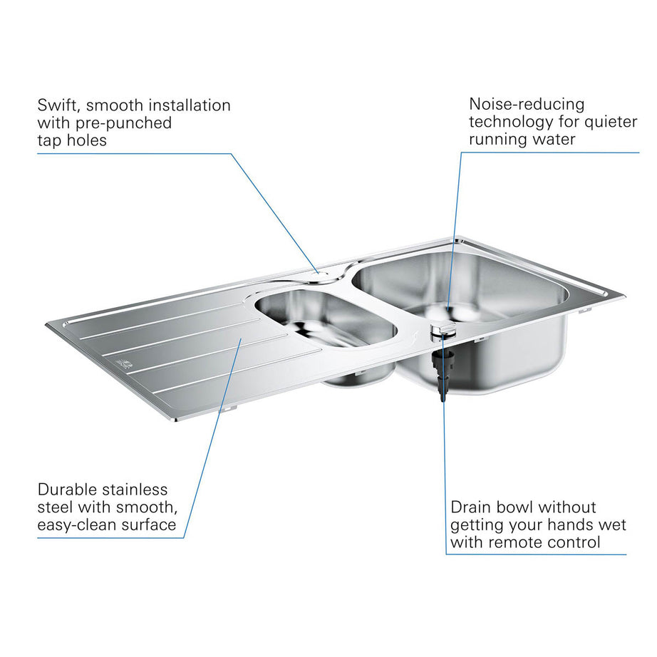 Grohe Kitchen Sink Polished Stainless Steel Reversible 1.5 Bowl 500 x 965mm - Image 5