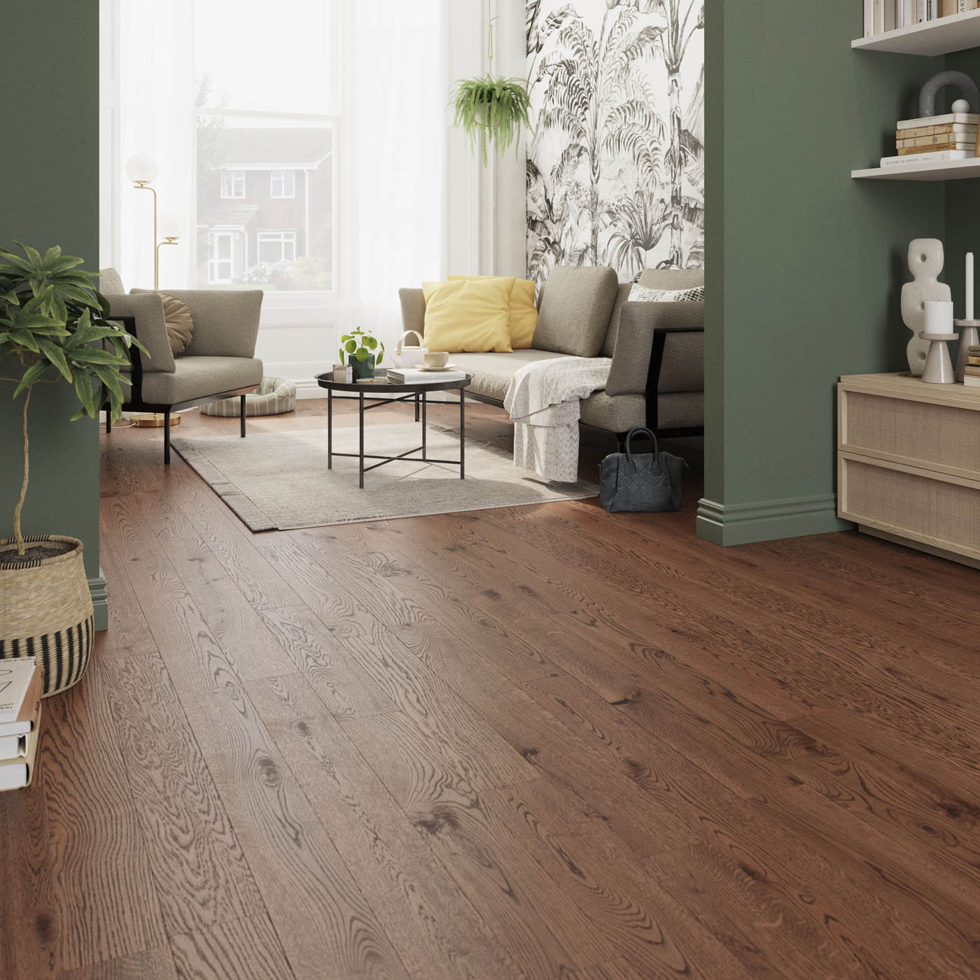 Rustic Brown Oak Flooring Engineered Real Wood Top Layer Bevelled Edges 1.35m² - Image 1