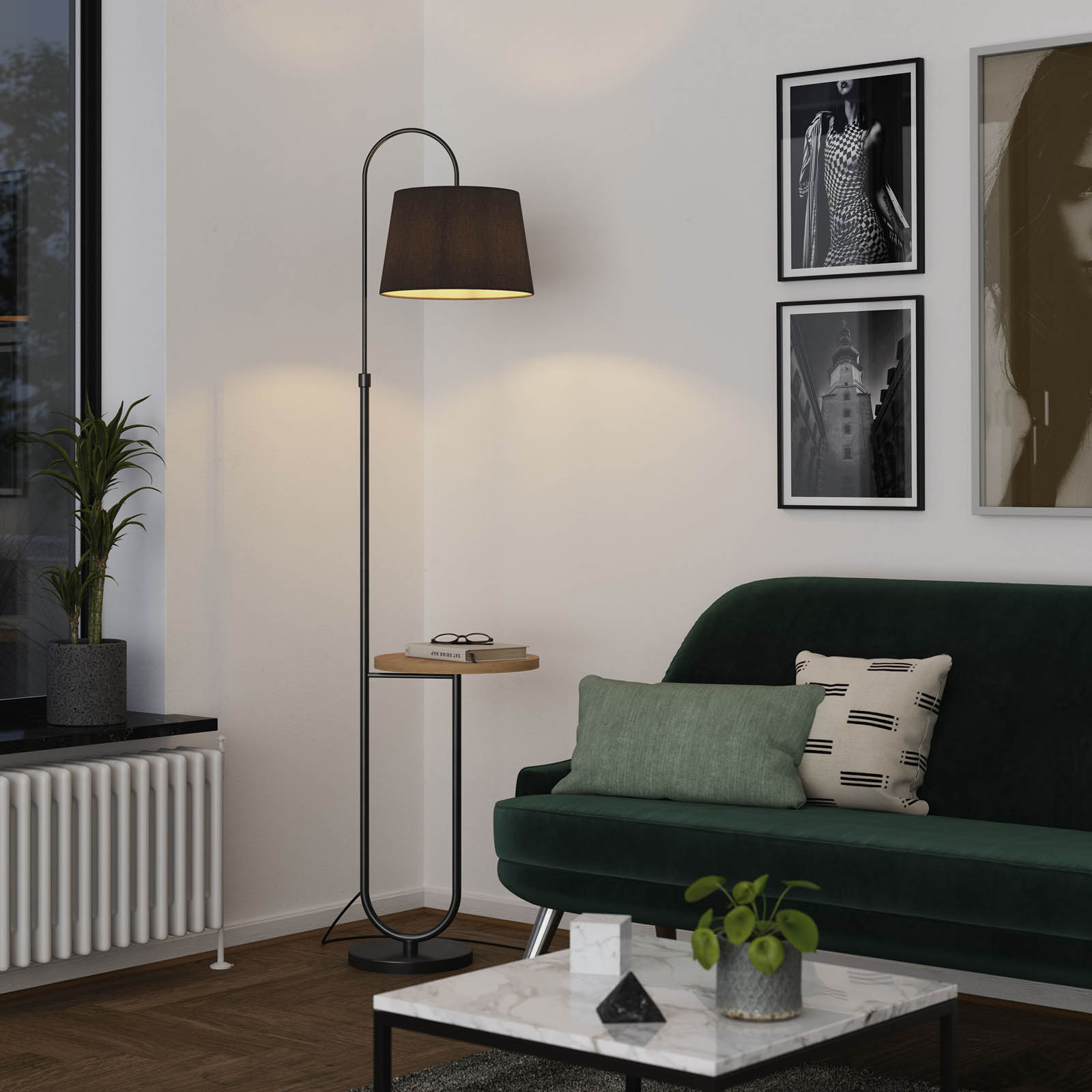 LED Floor Lamp With Table Matt Black Natural Modern Adjustable Height (H)169cm - Image 2