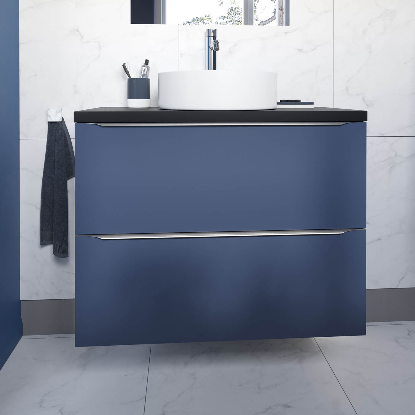 Imandra Bathroom Cabinet Under Sink Matt Blue Wall-Mounted 2 Drawer H600xW800mm - Image 3