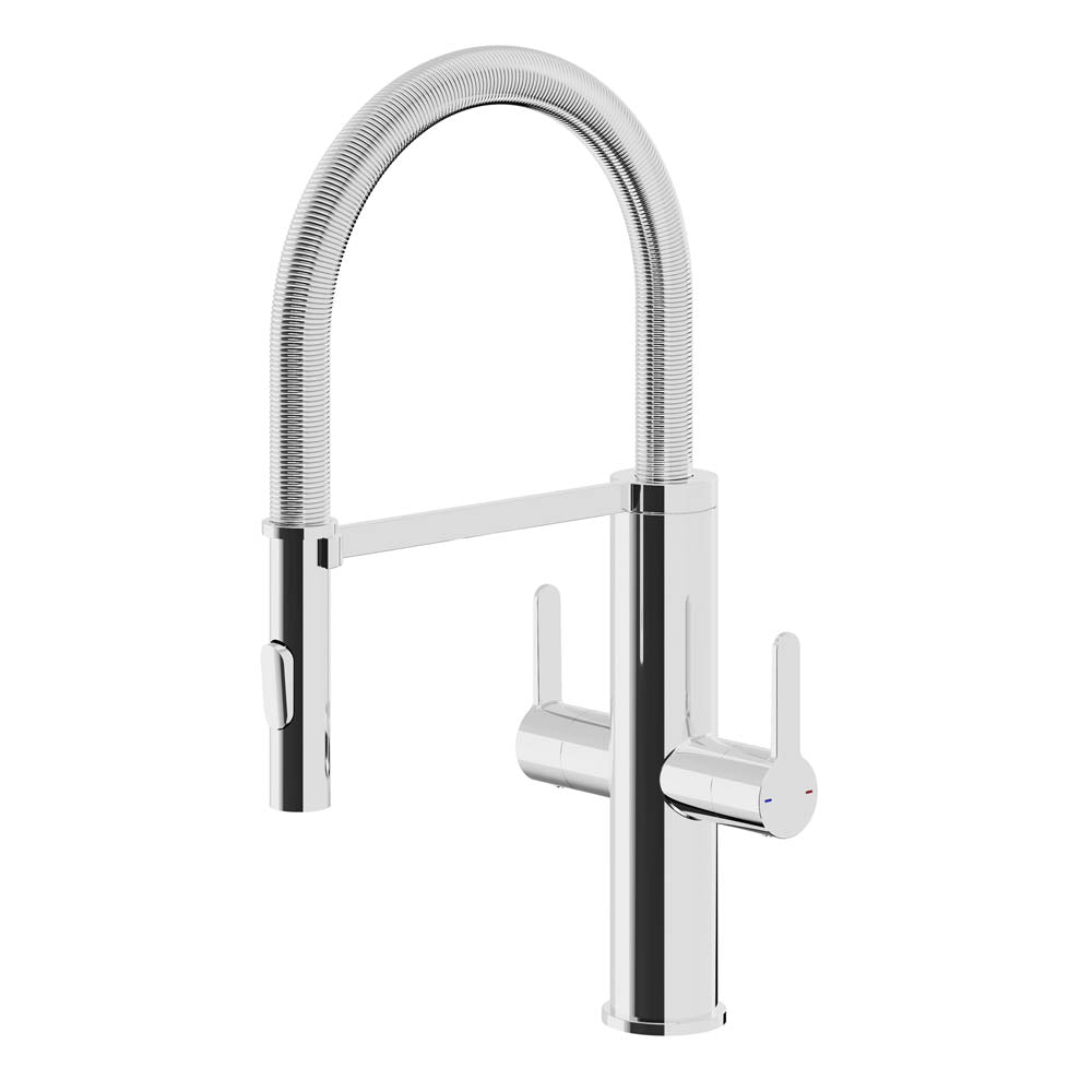 Kitchen Sink Tap Mixer Chrome Dual Lever Swivel Spout Contemporary Spring Neck - Image 1