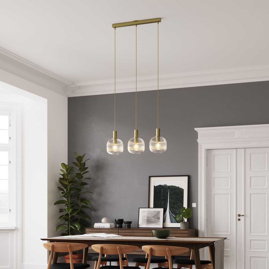 Pendant Ceiling Light 3 Lamp LED Clear Glass Satin Brass Vintage (H)1100 mm - Image 2