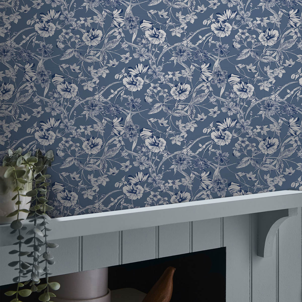 Wallpaper Summerhill Midnight Blue Floral Smooth Patterned Covers Imperfections - Image 4