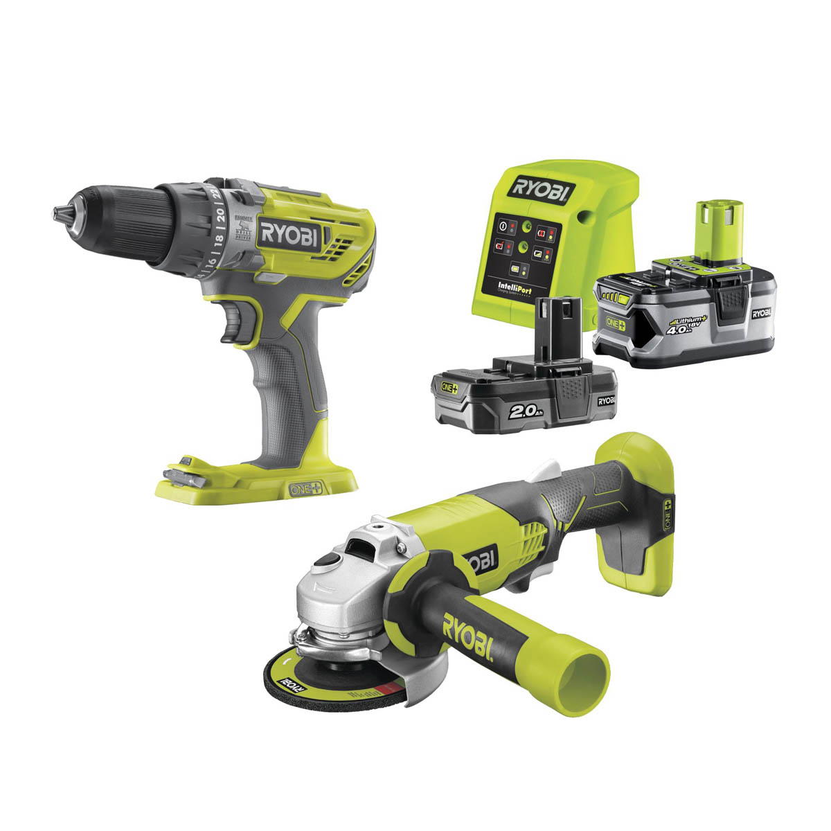 Ryobi Power Tool Kit Drill and Angle Grinder RCK182H-242S Cordless 18V Li-Ion - Image 1