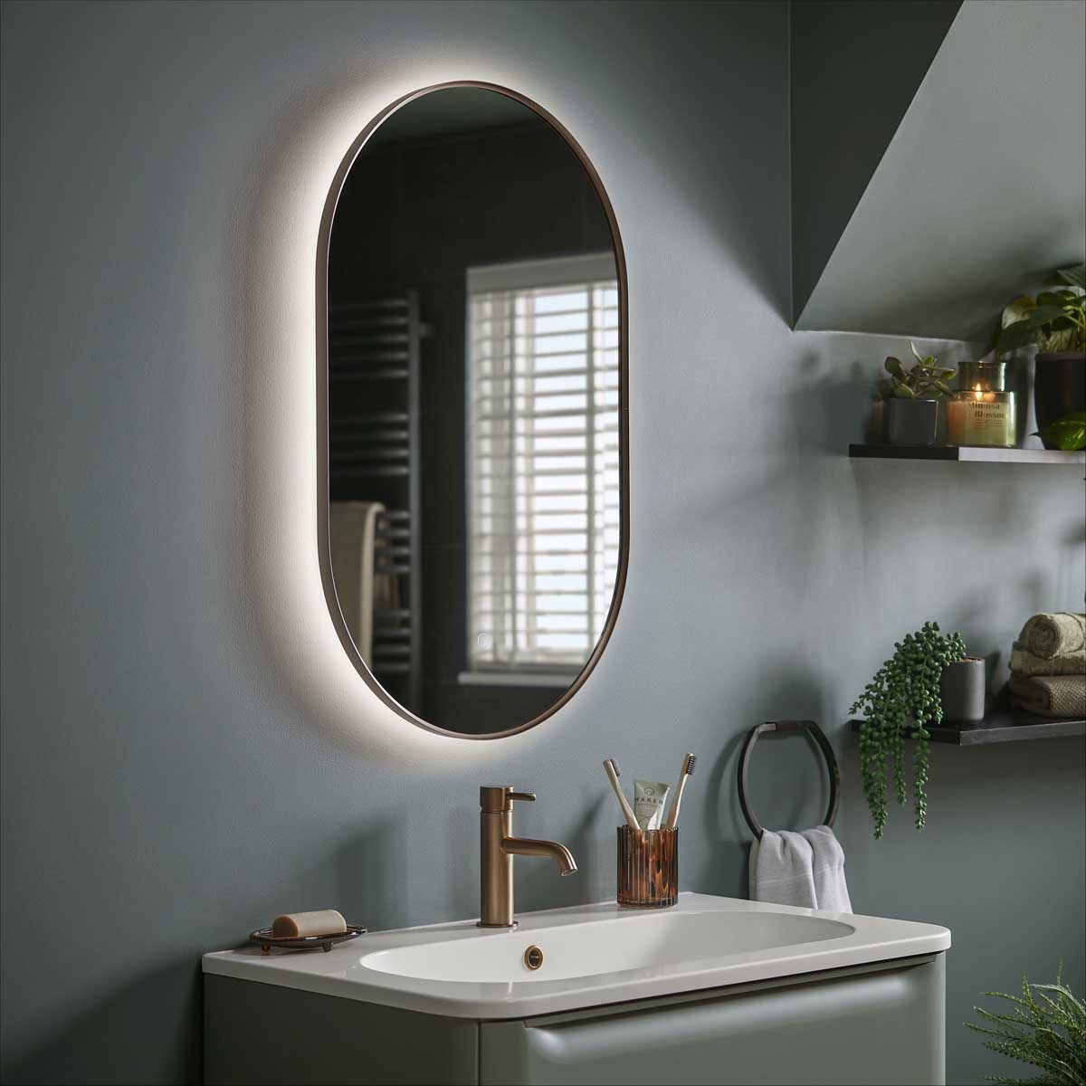 Bathroom LED Mirror Illuminated Oval Wall-Mounted Demister Pad (H)80 (W)50cm - Image 1