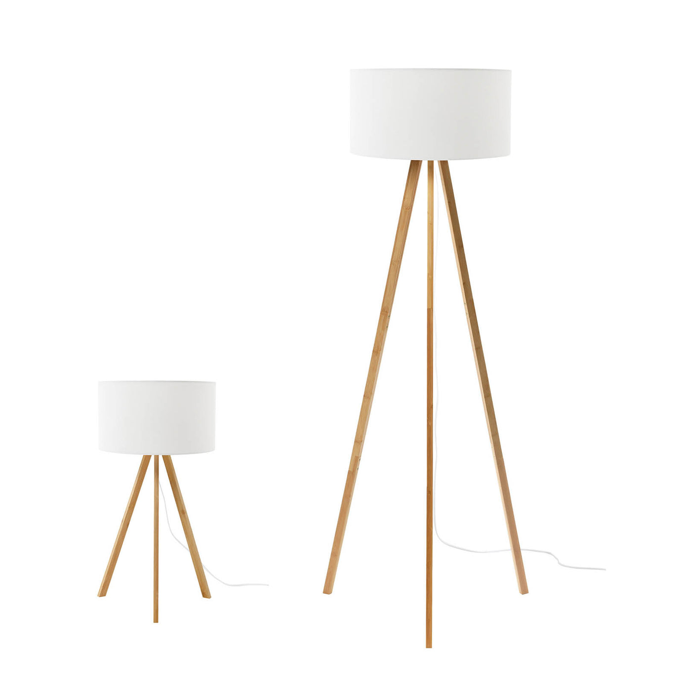 Floor Table Lamp Set LED Natural Bamboo Tripod White Fabric Modern Living Room - Image 2