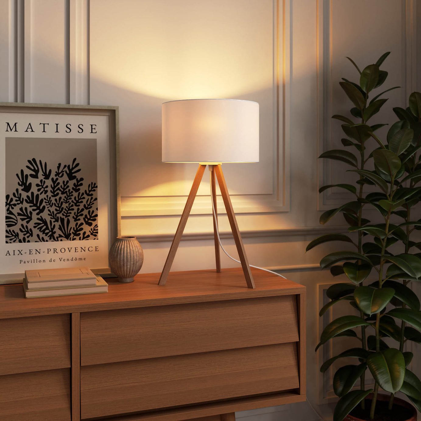 Floor Table Lamp Set LED Natural Bamboo Tripod White Fabric Modern Living Room - Image 3