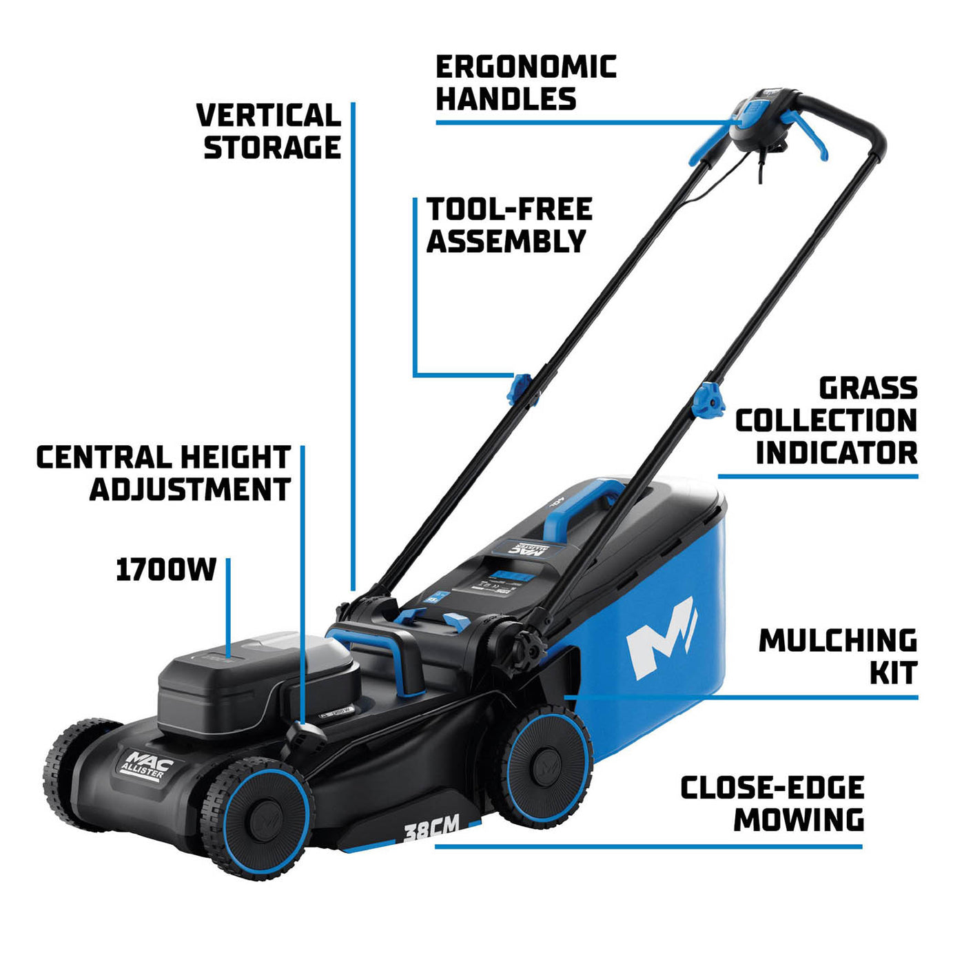 Mac Allister Lawnmower Electric MCB1165LWM Garden 38cm Grass Cutter 1700W - Image 2