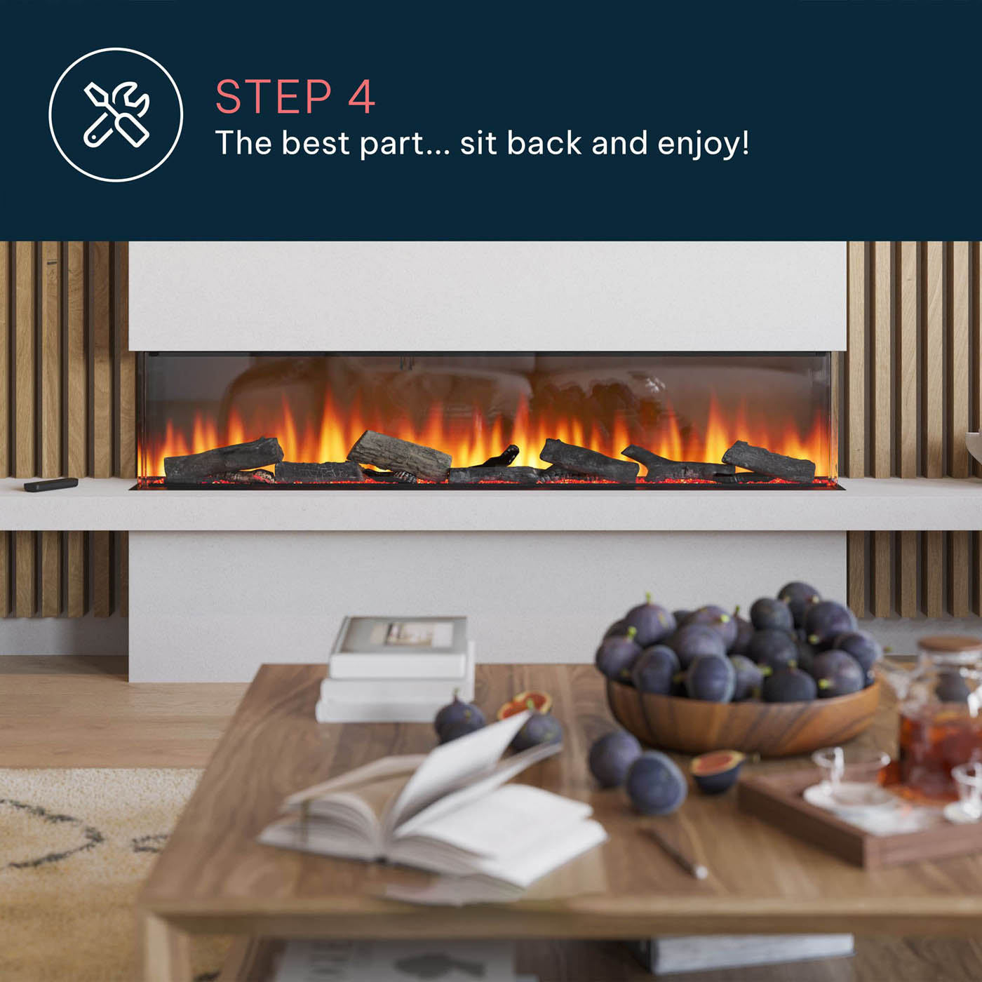 Focal Point Electric Wall Fire 2kW Black Log Effect Fireplace H48.8xW201.5cm - Image 10