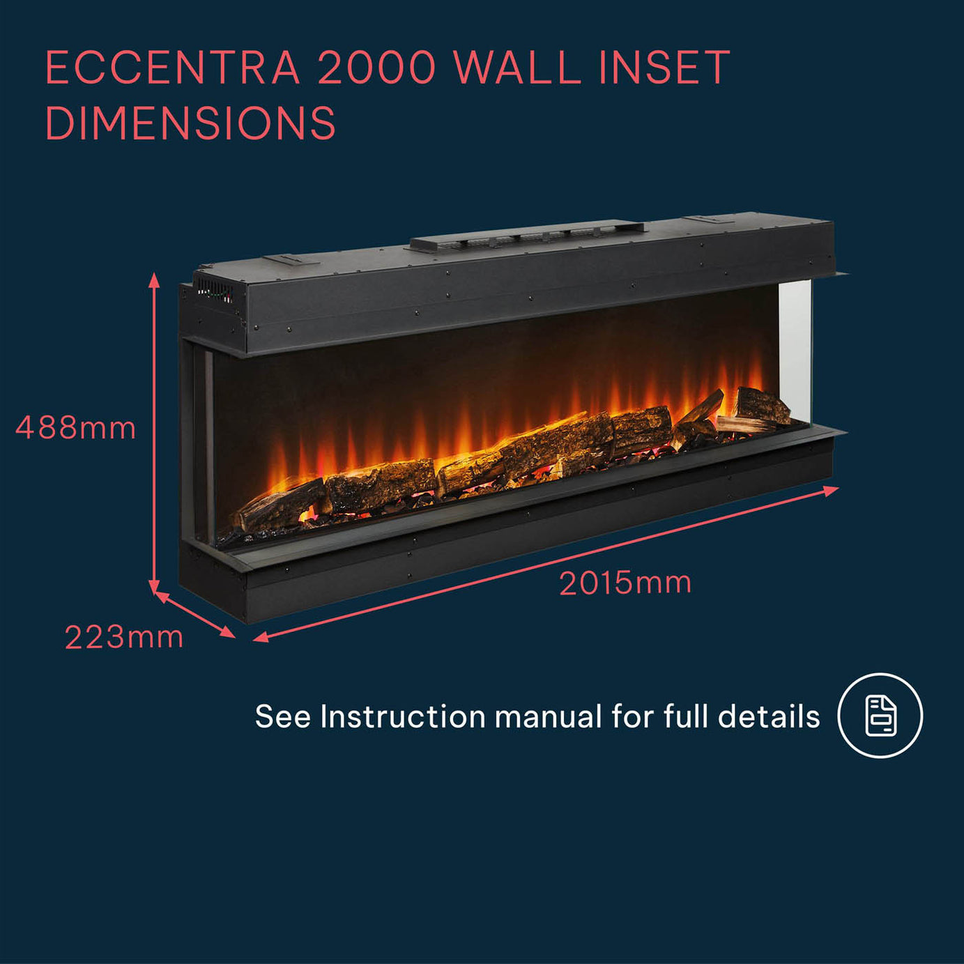 Focal Point Electric Wall Fire 2kW Black Log Effect Fireplace H48.8xW201.5cm - Image 2