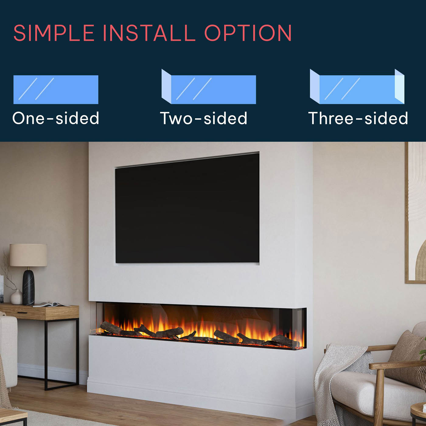 Focal Point Electric Wall Fire 2kW Black Log Effect Fireplace H48.8xW201.5cm - Image 5