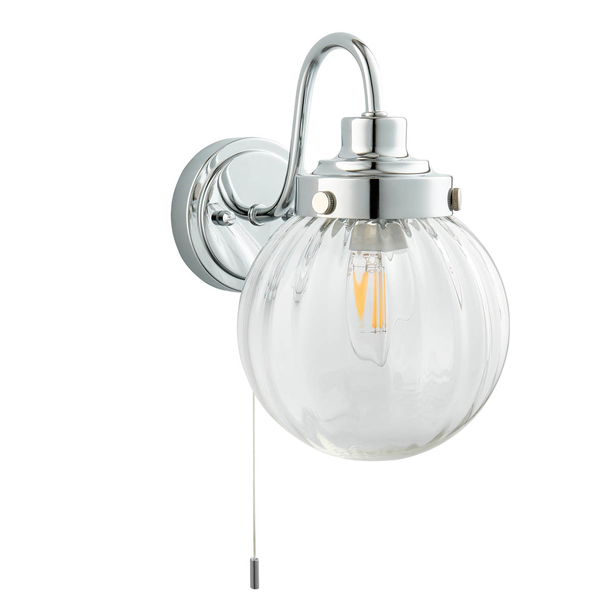 Bathroom LED Wall Light Chrome E14 Glass Shade Pull Cord Lamp Modern Home - Image 2
