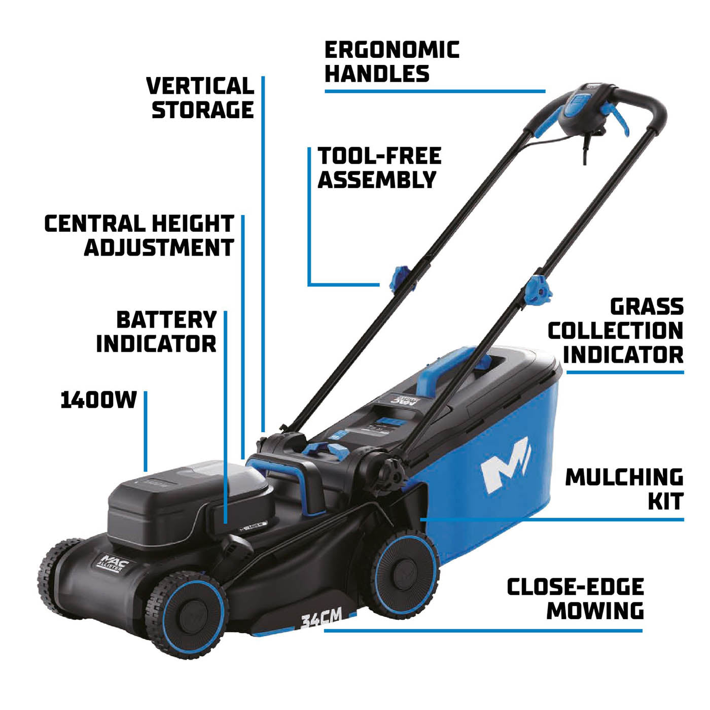 Mac Allister Lawnmower Electric MCB1163LWM Garden 34cm Grass Cutter 1400W - Image 2