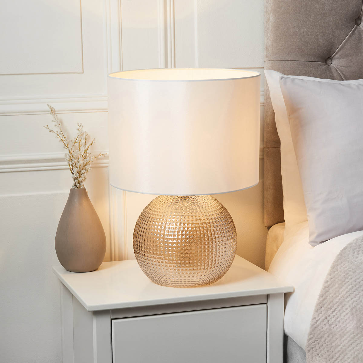 Table Lamp Glass Spherical Champagne Ivory Shade Antique Brass Effect Modern - Image 1