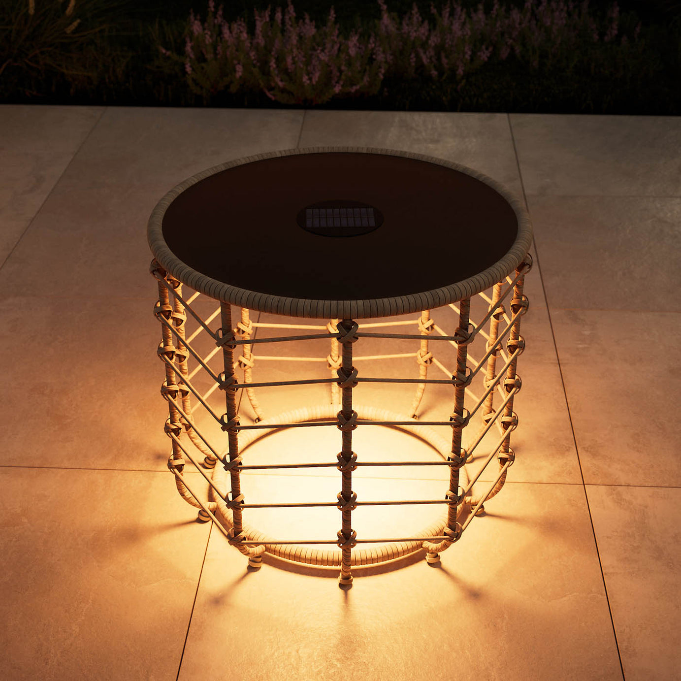 Omalos Garden Side Table Rattan Effect Beige Round Solar-Powered Outdoor - Image 2