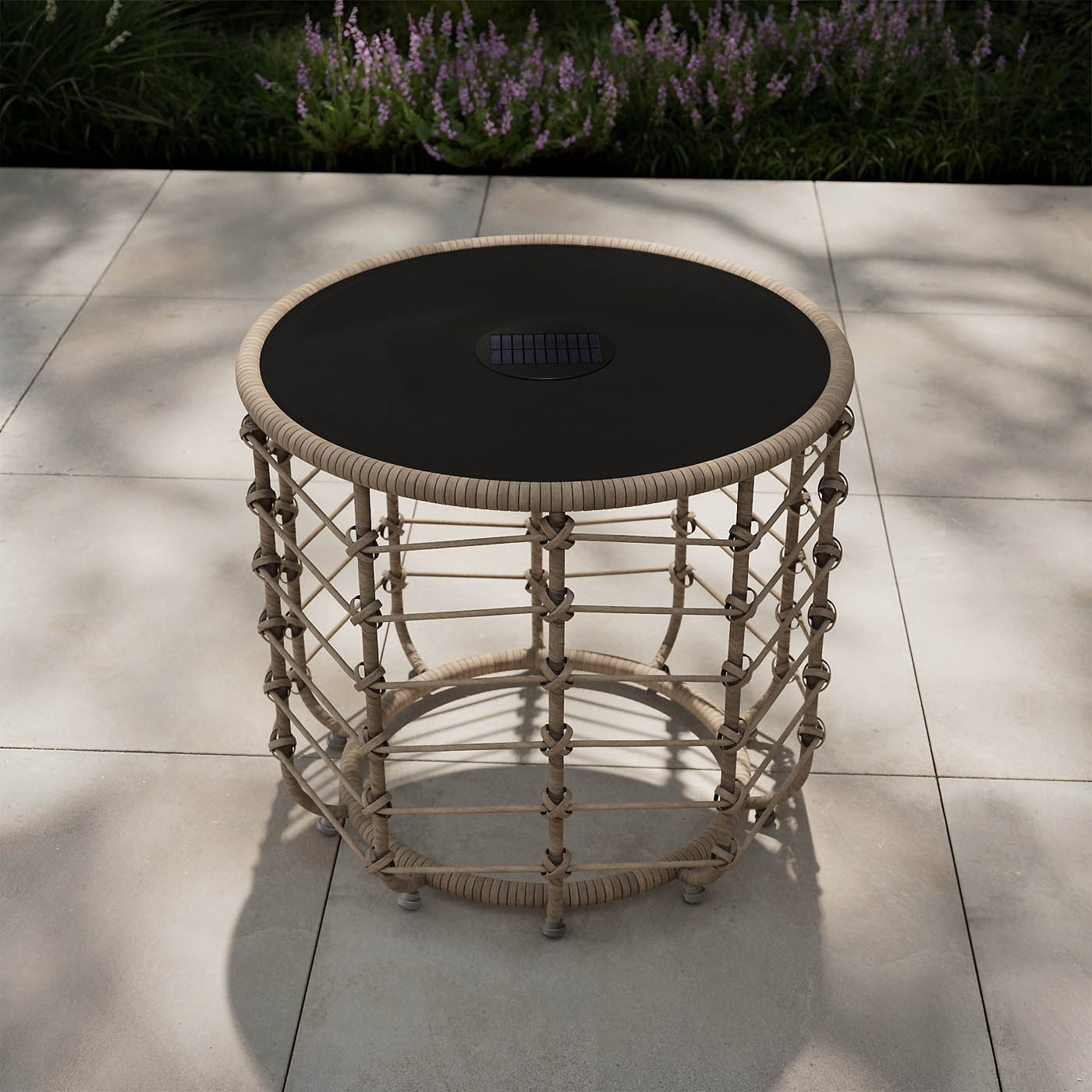 Omalos Garden Side Table Rattan Effect Beige Round Solar-Powered Outdoor - Image 4
