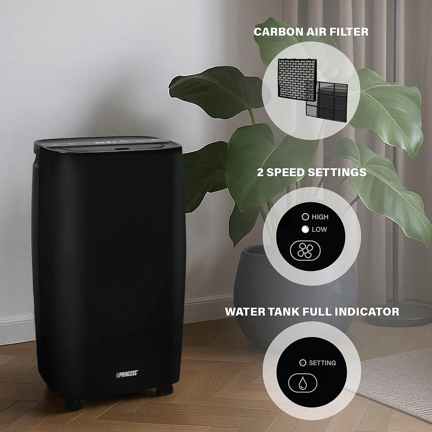 Princess Smart Dehumidifier Matt Black Removes Damp Mould Laundry Drying 12L/Day - Image 7