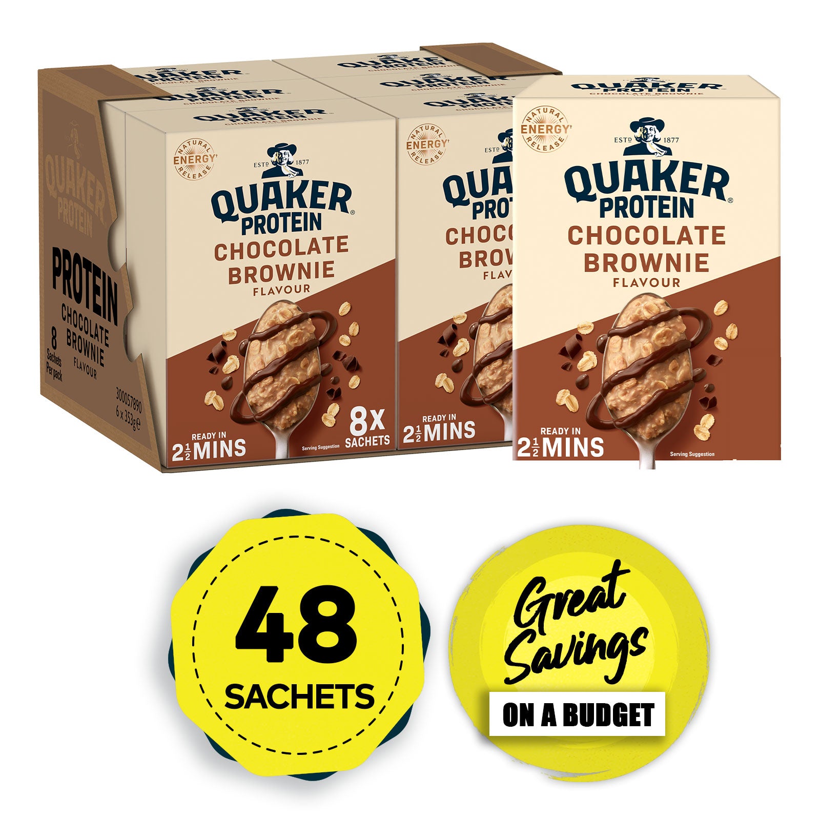 Quaker Oats High Protein Chocolate Brownie Porridge Sachets 48 x 44g - Image 1