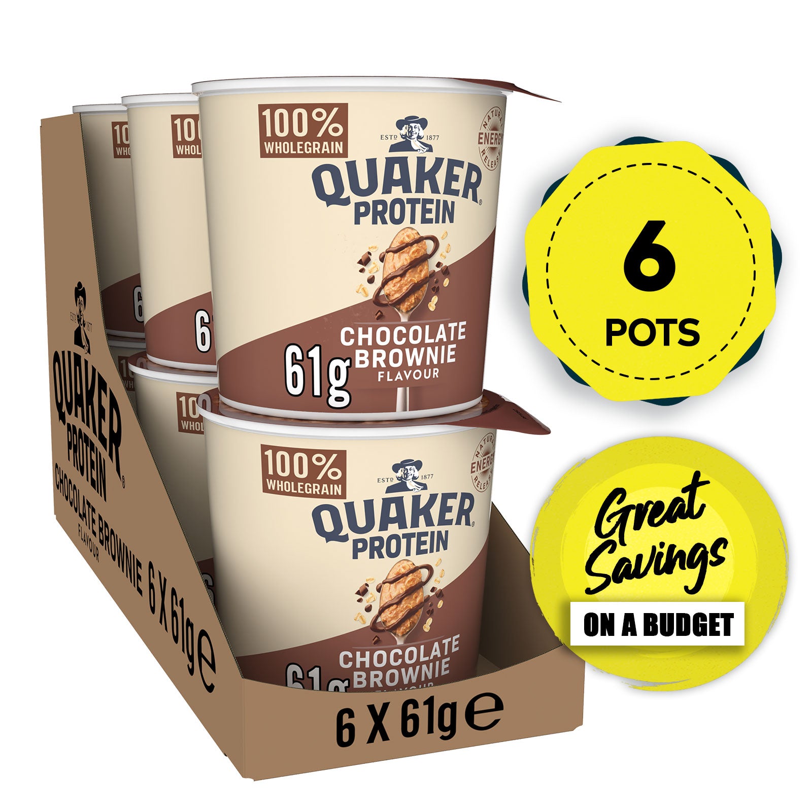 Quaker Oats High Protein Chocolate Brownie Porridge Pot 6 x 61g - Image 1
