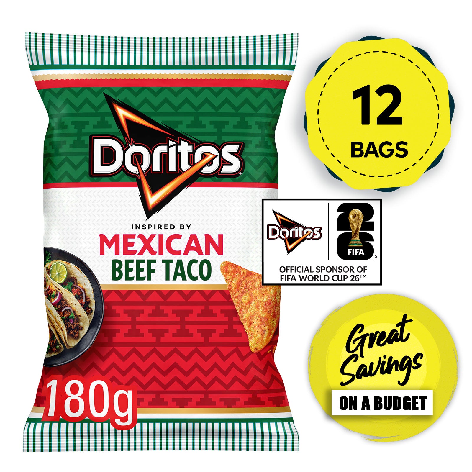 Doritos Tortilla Crisps Mexican Beef Taco Tortilla Sharing Snacks 12 x 180g - Image 1