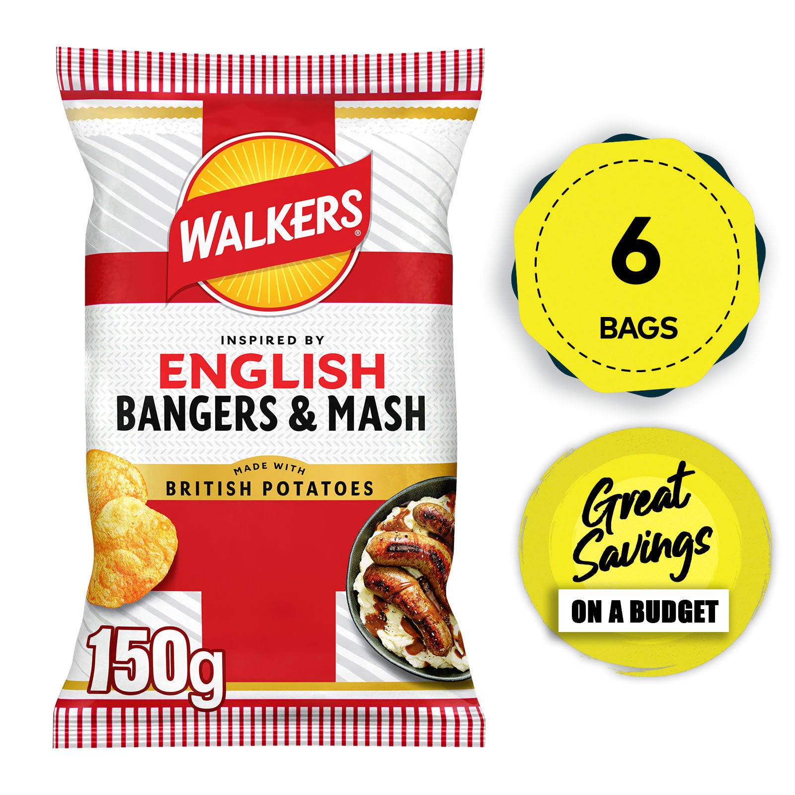 Walkers Crisps English Bangers and Mash Sharing Snacks 6 x 150g - Image 1