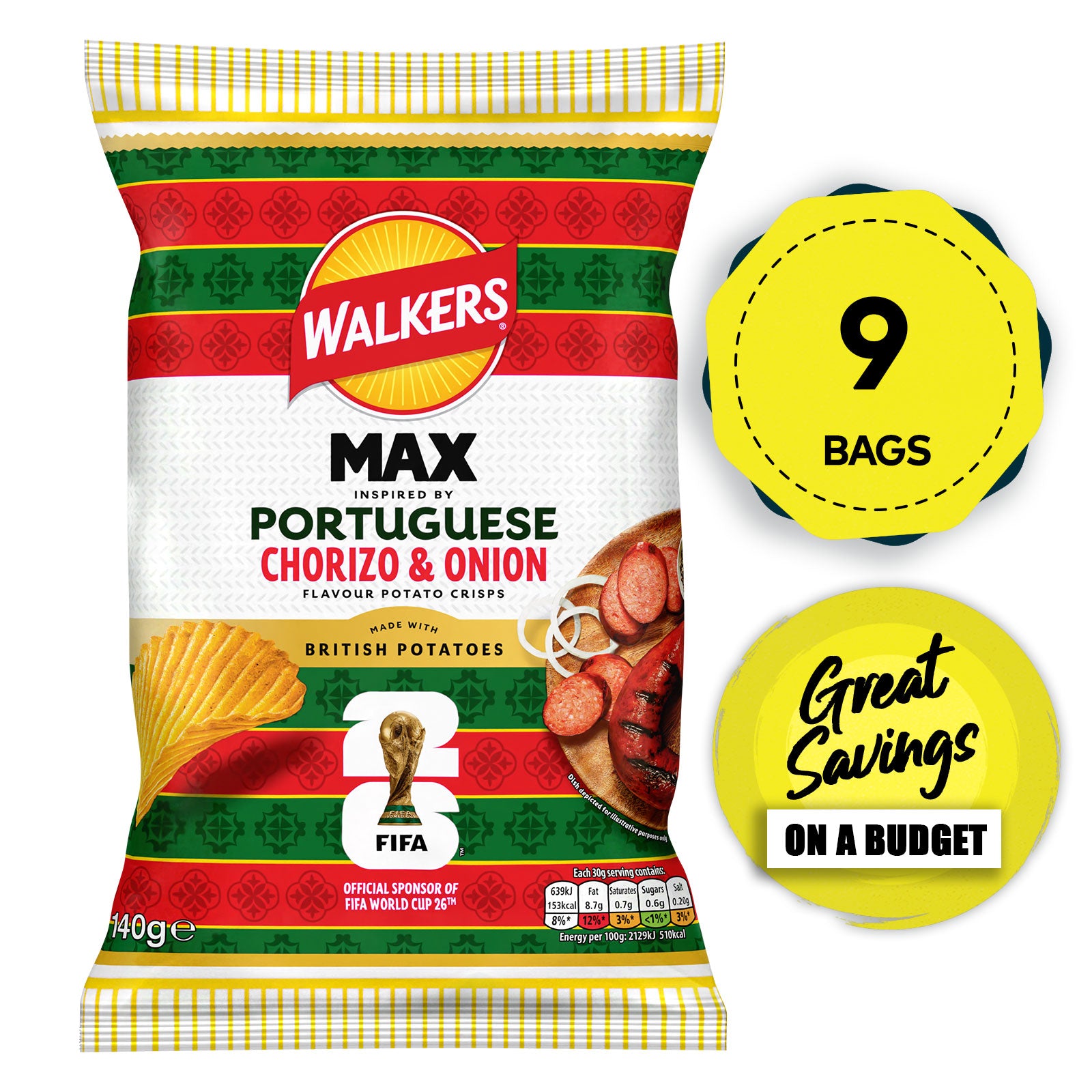 Walkers Crisps MAX Portuguese Chorizo & Onion Sharing Bag Snacks 9 x 140g - Image 1