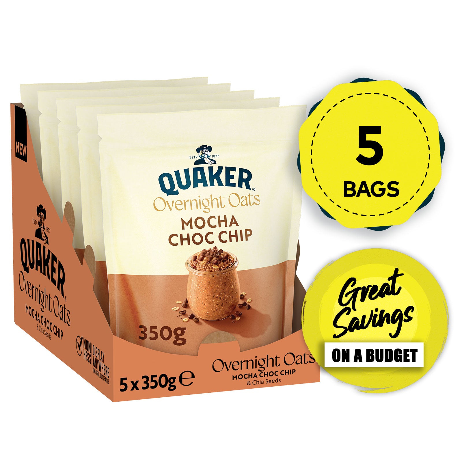 Quaker Overnight Oats Mocha Choc Chip Cereal 5 x 350g - Image 1