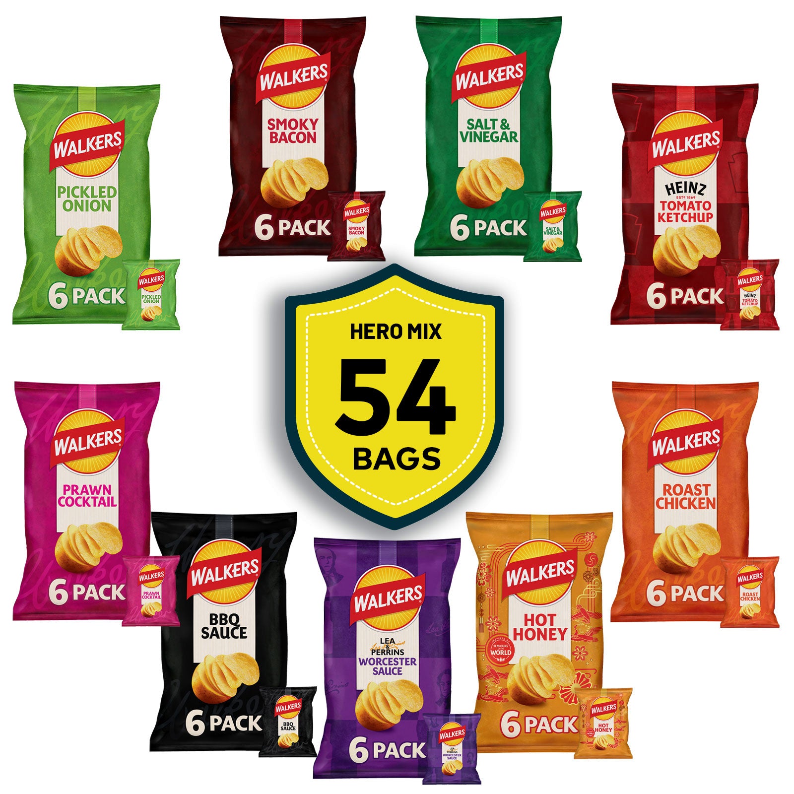 Walkers Crisps Salt & Vinegar Worcester Prawn Chicken Smoky Bacon Bundle 54 Bags - Image 1
